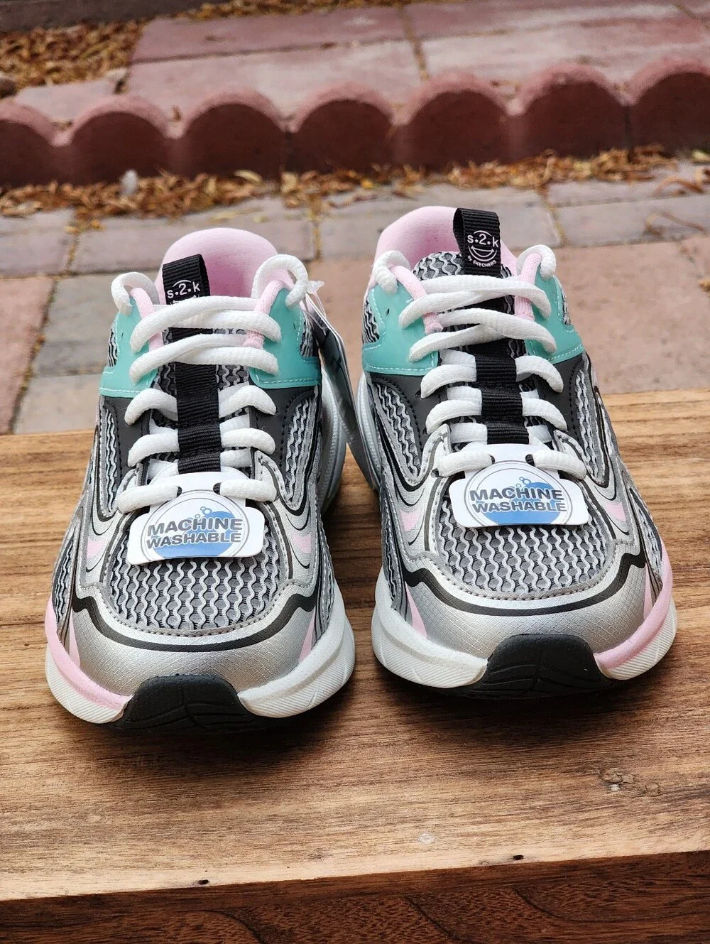 Skechers Girls' S2K Silver Multi Machine Washable Sneakers (Youth) Size 12